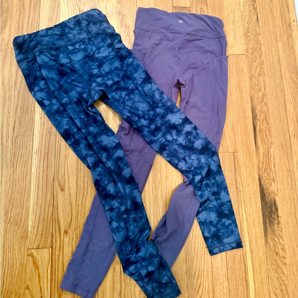 2 pk Athleta girl leggings size 12 blue multi and purple